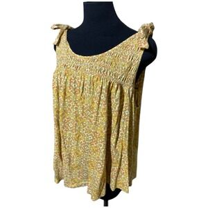 Cato Tank Top Women Sz 18/20W Yellow Boho Babydoll Floral Smocked Bow Tie